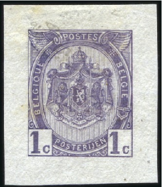 Stamp of Belgium » Belgique. 1893-1900 Armoiries du Royaume et Léopold II fine barbe - La Genèse Épreuves du 1c en vermillon et en lilas sur papier