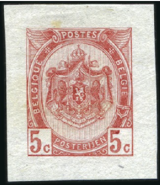 Stamp of Belgium » Belgique. 1893-1900 Armoiries du Royaume et Léopold II fine barbe - La Genèse Épreuve du 5c en vermillon foncé sur papier Chine,