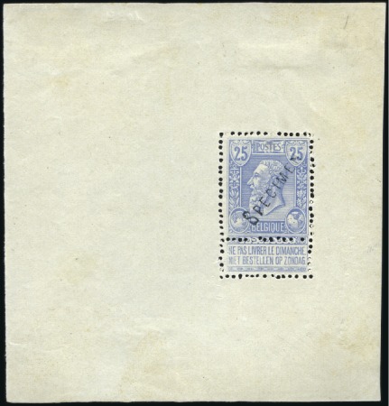 Stamp of Belgium » Belgique. 1893-1900 Armoiries du Royaume et Léopold II fine barbe - La Genèse 25c, épreuve en bleu sur papier mince dentelé à la