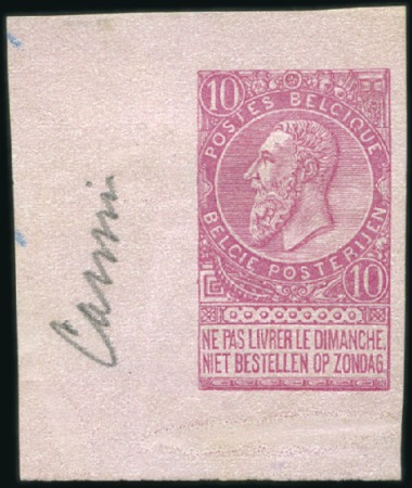 Stamp of Belgium » Belgique. 1893-1900 Armoiries du Royaume et Léopold II fine barbe - La Genèse Épreuve du 10c en carmin sur papier rose avec anno