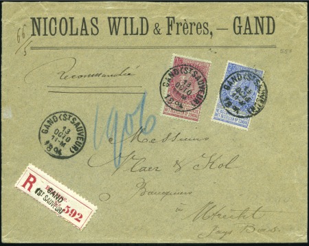Stamp of Belgium » Belgique. 1893-1900 Armoiries du Royaume et Léopold II fine barbe - Émission 25c bleu et 1F carmin sur vert sur lettre pesante 