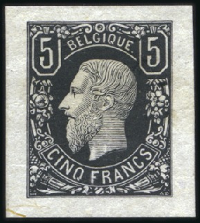 Stamp of Belgium » Belgique. 1869-83 Nouveaux types et nouvelles valeurs - La Genèse Épreuve du 5F en noir sur papier Chine, TB, très r
