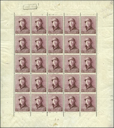 Stamp of Belgium » General issues from 1894 onwards 1919-20 Roi Casqué, 10F lie de vin en feuillet de 