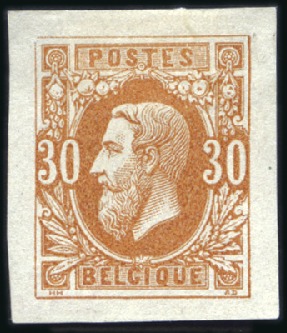 Stamp of Belgium » Belgique. 1869-83 Nouveaux types et nouvelles valeurs - La Genèse 30c ocre-rouge, Épreuve du coin sur papier mince, 