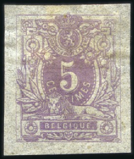 Stamp of Belgium » Belgique. 1869-83 Nouveaux types et nouvelles valeurs - La Genèse 5c en épreuve du coin lilas pâle sur papier pelure