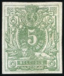 Stamp of Belgium » Belgique. 1869-83 Nouveaux types et nouvelles valeurs - La Genèse 5c en épreuve du coin en vert avec au dos une épre