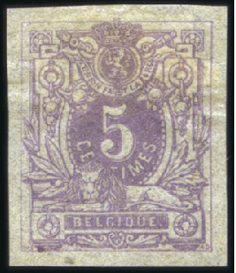 Stamp of Belgium » Belgique. 1869-83 Nouveaux types et nouvelles valeurs - La Genèse 5c en épreuve du coin en vert avec au dos une épre