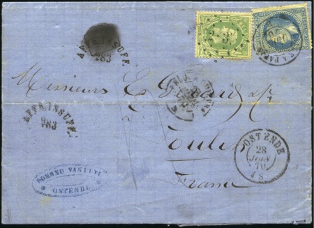 Stamp of Belgium » Belgique. 1869-83 Nouveaux types et nouvelles valeurs - Émission 10c vert en affranchissement mixte avec 20c Napolé
