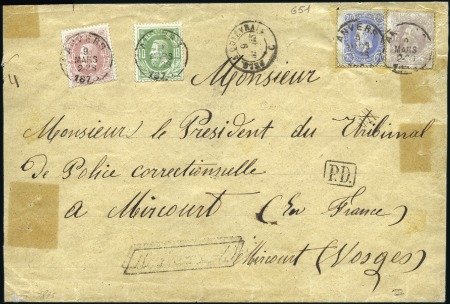 Stamp of Belgium » Belgique. 1869-83 Nouveaux types et nouvelles valeurs - Émission 1F violet +40c rose +20c bleu (déf.) +10c vert sur