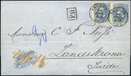 Stamp of Belgium » Belgique. 1869-83 Nouveaux types et nouvelles valeurs - Émission 20c bleu de Prusse en paire sur lettre d'Anvers 24