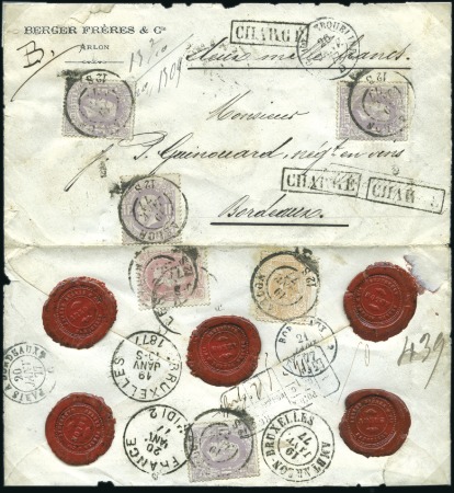 Stamp of Belgium » Belgique. 1869-83 Nouveaux types et nouvelles valeurs - Émission 1F violet (x4) +40c rose +5c ocre-rouge sur lettre
