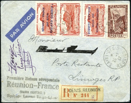 Stamp of Colonies françaises » Réunion 1937 (Jan. 25) Roland Garros flight to France (hs