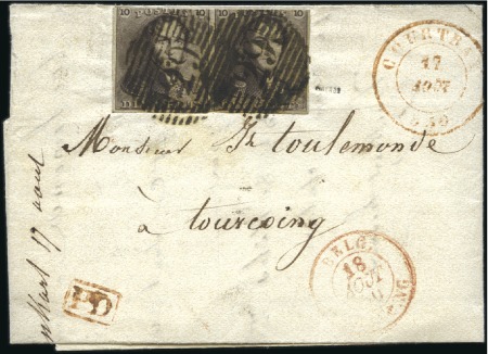 Stamp of Belgium » Belgique. 1849 Epaulettes - Émission 10c Brun en paire horizontale bien margée sur troi