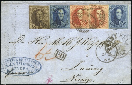 Stamp of Belgium » Belgique. 1861 Médaillons allongés - Affranchissements mixtes, composés, etc. 10c Brun, 20c bleu (2) et 40c vermillon (2), oblit