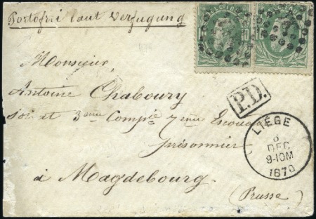 Stamp of Belgium » Belgique. 1869-83 Nouveaux types et nouvelles valeurs - Émission 10c vert (x2) sur enveloppe de Liège pour un Priso