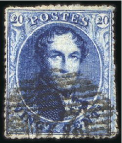 Stamp of Belgium » Belgique. 1861 Médaillons allongés - Émission 20c Bleu avec dentelure privée, obl. de la percept