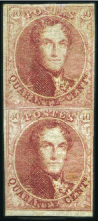 Stamp of Belgium » Belgique. 1851 Médaillons (filigrane sans cadre) - Émission 40c Rouge carmin, paire verticale, marges intactes