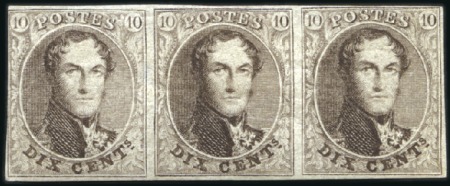 Stamp of Belgium » Belgique. 1861 Médaillons allongés - Émission 10c Brun, bande de trois, bien margée sur trois cô