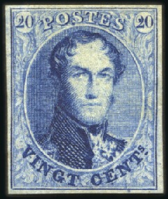 Stamp of Belgium » Belgique. 1861 Médaillons allongés - Émission 20c Bleu, très bien margé, neuf avec gomme origina