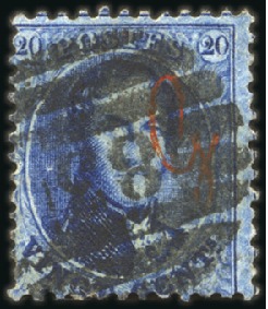 Stamp of Belgium » Belgique. 1863 Médaillons dentelés 12 1/2 : 13 1/2 GUILLONCHIN: 20c Bleu avec surcharge Guillochin et