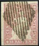 Stamp of Switzerland / Schweiz » Sitzende Helvetia Ungezähnt » 1854-55 Berner Druck (I) 15Rp karminrosa vom linken Bogenrand, entwertet mi