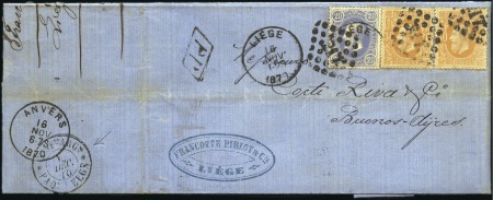 Stamp of Belgium » Belgique. 1869-83 Nouveaux types et nouvelles valeurs - Émission 20c bleu +30c ambre (x2) sur lettre de Liège 16.11