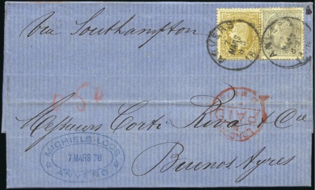 Stamp of Belgium » Belgique. 1869-83 Nouveaux types et nouvelles valeurs - Émission 25c bistre-olive +50c gris sur lettre d'Anvers 7 m
