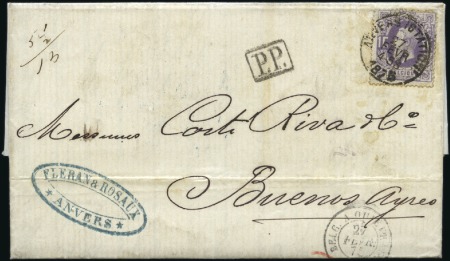 Stamp of Belgium » Belgique. 1869-83 Nouveaux types et nouvelles valeurs - Émission 1F mauve sur lettre d'Anvers 27.02.75 pour l'Argen