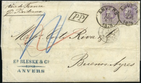 Stamp of Belgium » Belgique. 1869-83 Nouveaux types et nouvelles valeurs - Émission 1F mauve (x2) sur lettre d'Anvers 17.07.75 pour l'