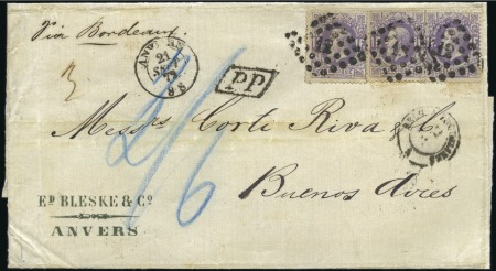 Stamp of Belgium » Belgique. 1869-83 Nouveaux types et nouvelles valeurs - Émission 1F mauve (x3) sur lettre d'Anvers 21.09.72 pour l'