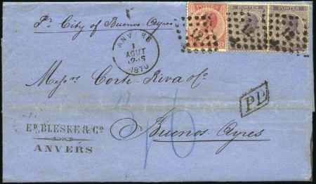 Stamp of Belgium » Belgique. Léopold 1er - Nouveau Type - Émission 1F violet +40c rose sur lettre d'Anvers 01.08.1870