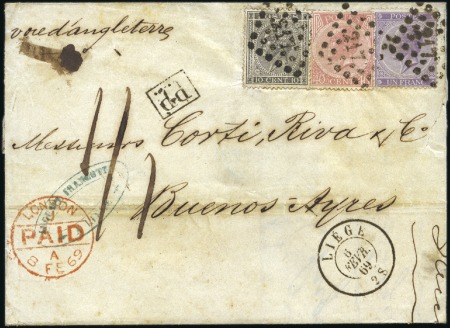 Stamp of Belgium » Belgique. Léopold 1er - Nouveau Type - Émission 1F violet +40c rose +10c gris sur lettre de Liège 
