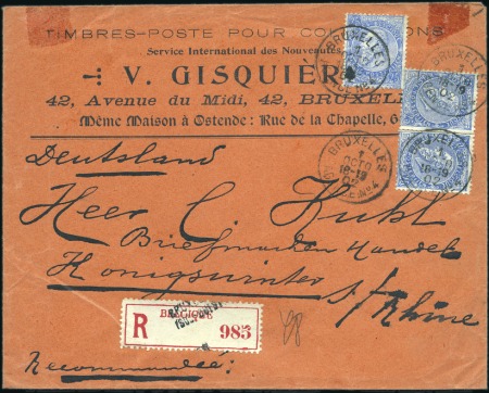 Stamp of Belgium » Belgique. 1893-1900 Armoiries du Royaume et Léopold II fine barbe - Émission 25c bleu (x3) sur lettre recommandé de Bruxelles A