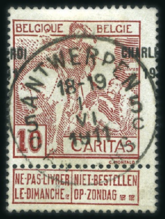 Stamp of Belgium » General issues from 1894 onwards 1911 Caritas, Type Montald 10c (+5c) carmin avec s