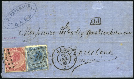 Stamp of Belgium » Belgique. Léopold 1er - Nouveau Type - Émission 20c bleu +40c rose sur lettre de Gand 27.07.68 pou