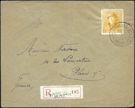 Stamp of Belgium » General issues from 1894 onwards 1919-20 Roi Casqué, 1F orange sur lettre recommand