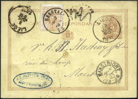 Stamp of Belgium » Belgique. 1869-83 Nouveaux types et nouvelles valeurs - Émission Entier postal 5c violet avec 5c ambre daté d'Herst