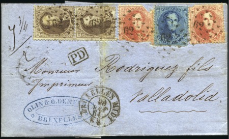 Stamp of Belgium » Belgique. 1863 Médaillons dentelés 12 1/2 : 13 1/2 10c Brun en paire +20c bleu + 40c rouge (x2) sur l