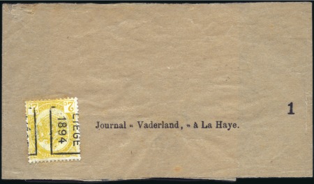 Stamp of Belgium » Belgique. 1893-1900 Armoiries du Royaume et Léopold II fine barbe - Émission 2c jaune préoblitéré "LIEGE 1894" sur bande d'impr