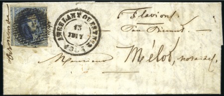 Stamp of Belgium » Belgique. 1851 Médaillons (filigrane sans cadre) - Oblitérations AMBULANT O.5: 20c bleu, trois belles marges, annul