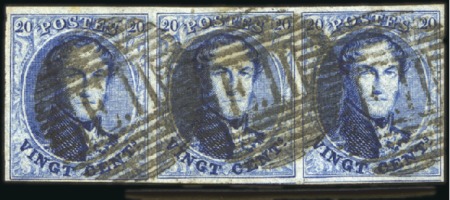 Stamp of Belgium » Belgique. 1851 Médaillons (filigrane sans cadre) - Oblitérations AMBULANT E.II: 20c bleu en bande de trois avec obl