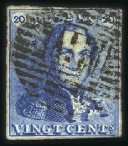 Stamp of Belgium » Belgique. 1849 Epaulettes - Oblitérations 20c Bleu, deux exemplaires margés, obl. Ambulant M