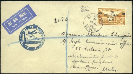 Stamp of Canada » Newfoundland 1933 $4.50 Balbo Flight surcharge tied by 26 July