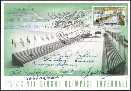 Stamp of Italy Official postcard with Italy 1956 Cortina 12L tied