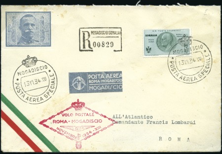 Stamp of Italy » Italian Colonies and Possessions » Somalia 1934 Mogadiscio-Roma return flight reg'd cover fra