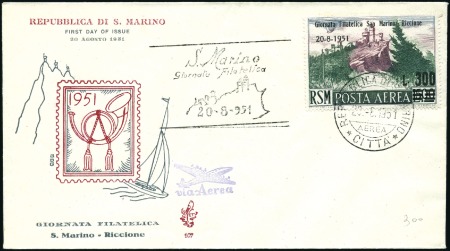 Stamp of Italy » San Marino 1951 1'000L Flag & Plane tied to official cacheted