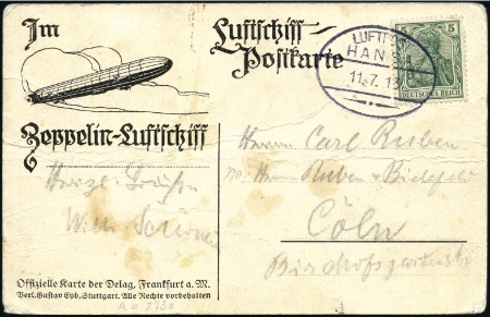Stamp of Germany » German Empire 1913 Zeppelin "Hansa," Delag ppc with 5pf Germania