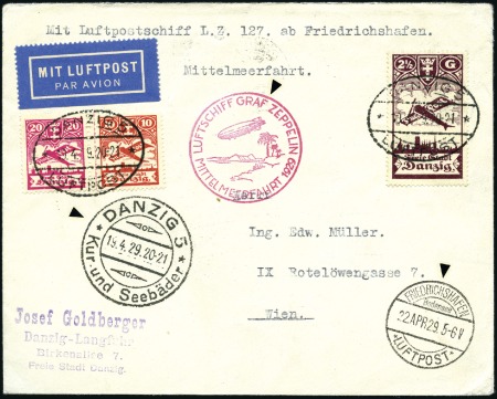 Stamp of Germany » Danzig 1929 Zeppelin Mediterranean Flight cover with 2 1/