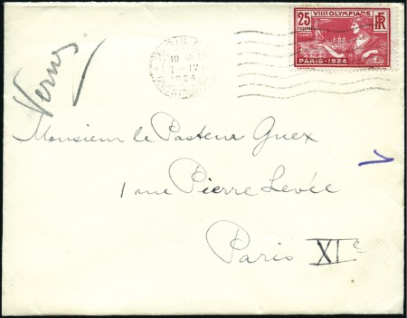 Stamp of Olympics » 1924 Paris » Covers and Cancellations 1924 25c used on FIRST DAY OF ISSUE 01.04.1924 on