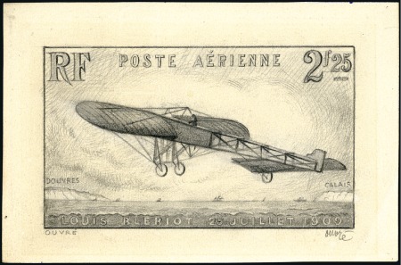 Stamp of France 1934 2.25Fr Bleriot Monoplane, original artist's d